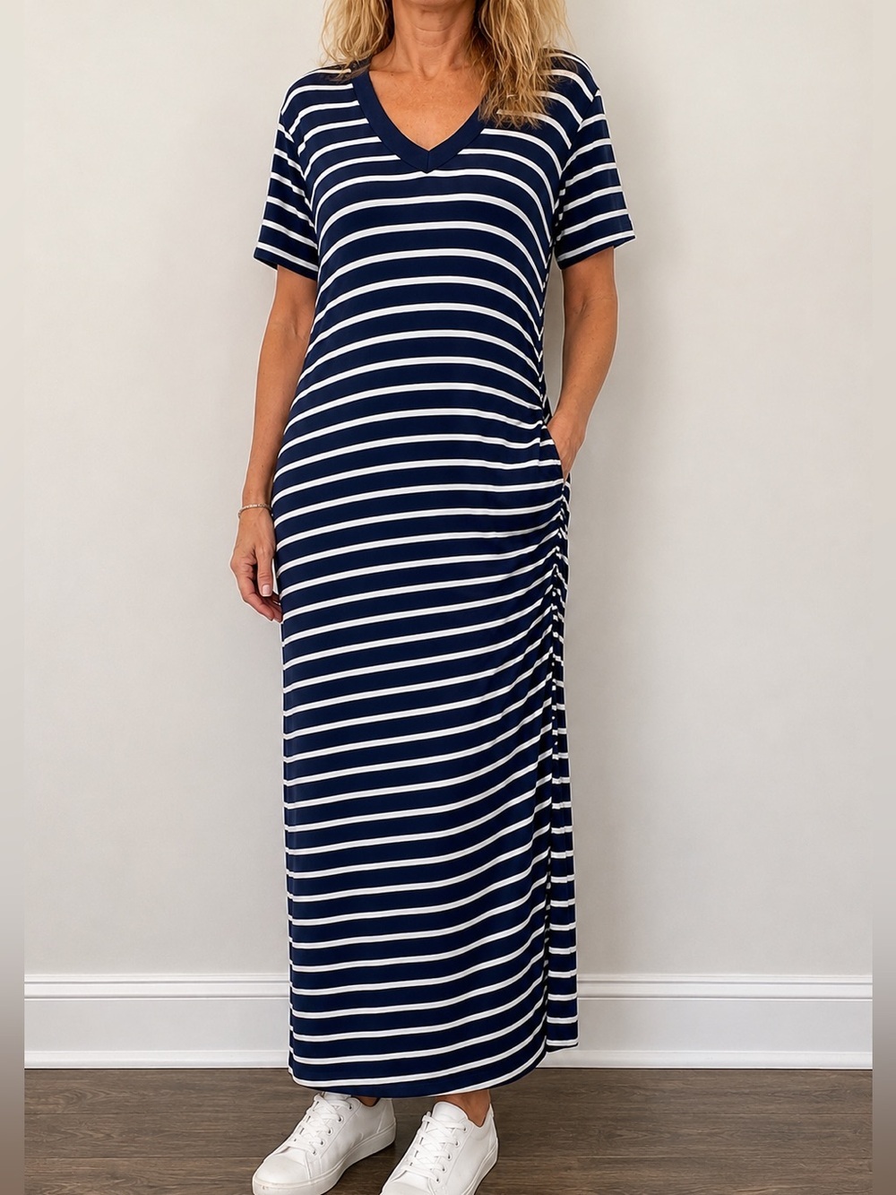 Love ❤️ Ellie Navy White Striped Maxi Dress XXL Side Ruched Short Sleeve V neck